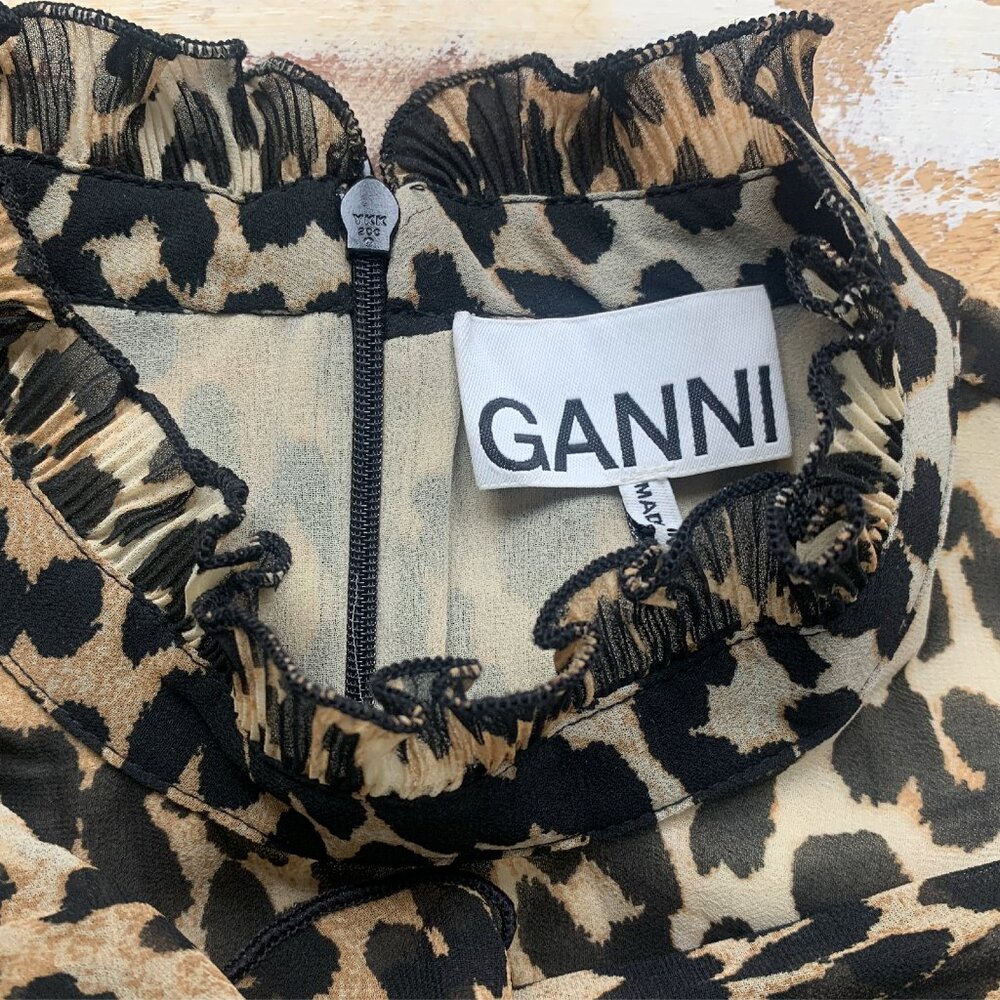GANNI Pleated Georgette Leopard Print Blouse - Picture 6 of 7